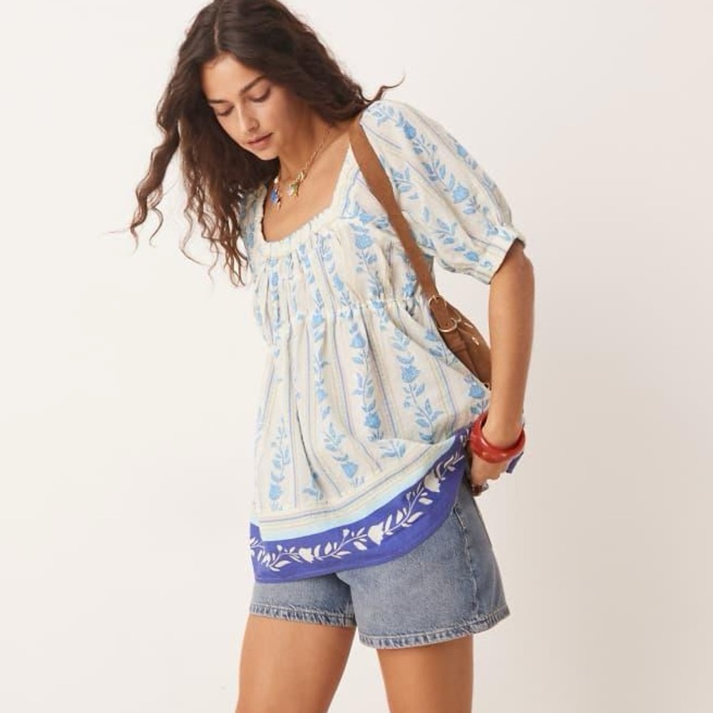Free People Santorini Print Puff Sleeve Empire Waist Long Cotton Tunic Top NEW L - Picture 2 of 12